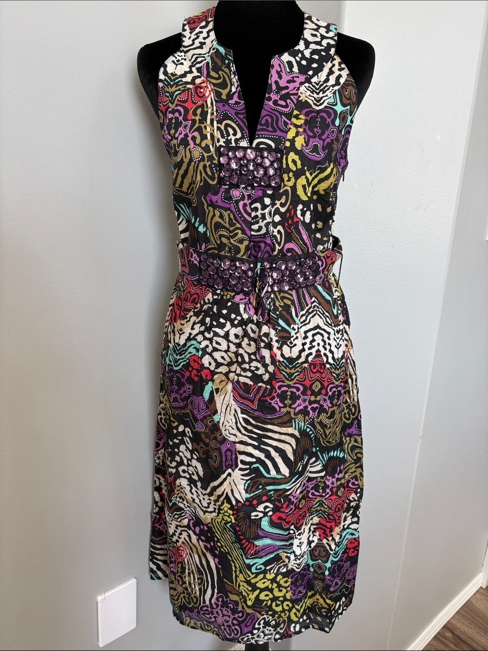 Steilmann Black Multicolor Patterned V-Neck Midi Dress